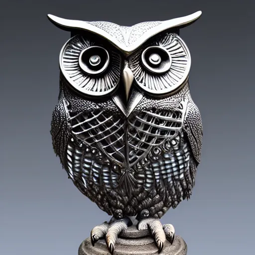 Prompt: symmetrical detailed sculpture of an owl, made of Anodized Titanium