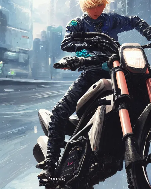 Image similar to beautiful blonde teenage boy wearing cyberpunk intricate streetwear riding dirt bike, beautiful, detailed portrait, cell shaded, 4 k, concept art, by wlop, ilya kuvshinov, artgerm, krenz cushart, greg rutkowski, pixiv. cinematic dramatic atmosphere, sharp focus, volumetric lighting, cinematic lighting, studio quality