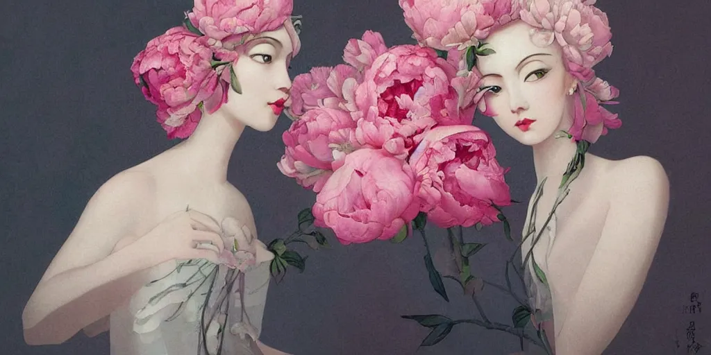 Image similar to breathtaking detailed concept art deco painting blend of pink short hair goddesses of peonies by hsiao - ron cheng with anxious piercing eyes, vintage illustration pattern with bizarre compositions blend of flowers and fruits and birds by beto val and john james audubon, exquisite detail, extremely moody lighting, 8 k