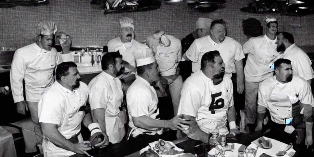 Prompt: Football players Butkus, Ditka, Walter Payton, as chefs inside Cthulhu