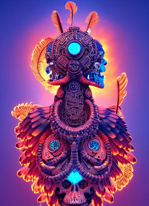 Image similar to 3 d shaman with tattoos profile portrait, sigma 5 0 0 mm f / 5. beautiful intricate highly detailed quetzalcoatl skull and feathers. bioluminescent, plasma, lava, ice, water, wind, creature, thunderstorm! artwork by tooth wu and wlop and beeple and greg rutkowski, 8 k trending on artstation,