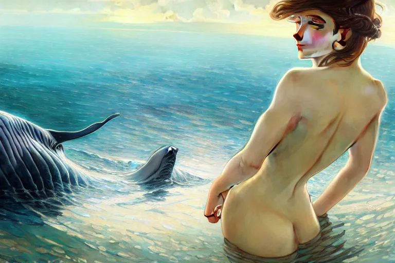 Image similar to painting of a panorama distance view of under the water, wearing beautiful clothes, hyper detailed cg rendering of a cute girl and whale, elegant, highly detailed, digital painting, artstation, concept art, smooth, sharp focus, illustration, art by artgerm and greg rutkowski and alphonse mucha, 8 k