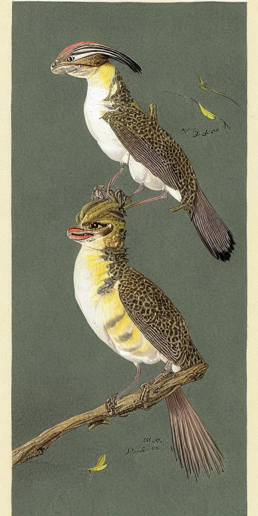 Prompt: field guide illustration of a dragon sparrow by john audubon