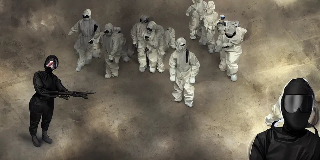 Image similar to woman wearing all black has shootout with staff, staff wearing hazmat suits, underground lab, sterile, unknown location, birds eye view, epic, light and shadows, concept art