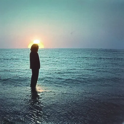 Image similar to japanese man with long hair in a suit standing in the ocean looking at the camera, wide shot, far!!!!!!! away, zoomed out, distance!!!!!!! shot, sunset, album cover, 1980, tatsuro yamashita, ride on time