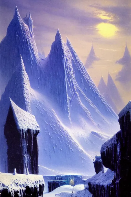 Prompt: castle of ice by bruce pennington and gustave courbet, 4 k, hd, amazing details, sharp focus, post - processing, smooth