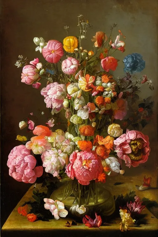 Image similar to painting of human flowers in a vase on a table, by rachel ruysch, pop surrealism, biomorphic, made of men