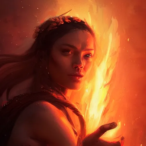 Image similar to a beautiful portrait of a fire goddess by greg rutkowski and raymond swanland, trending on artstation, flaming background, ultra realistic digital art