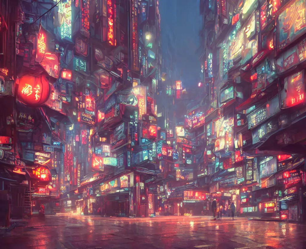 Image similar to three point perspective close wide angle shot of a matte painting environment design of Tokyo alley with neon lights and advertisements, artstation, ultra realistic, volumetric lighting, 4k, unreal engine, octane render, art by Artgerm and Greg Rutkowski and Alphonse Mucha