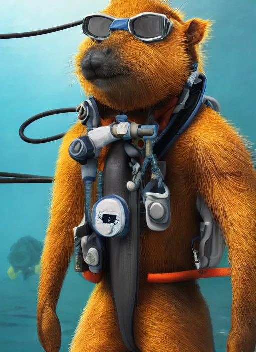 Prompt: detailed full body concept art illustration oil painting of an anthropomorphic capybara scuba-diver in full intricate clothing, biomutant, ultra detailed, digital art, octane render