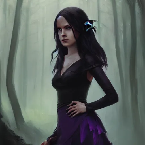 Image similar to portrait painting of female forest elf black hair, purple eyes, black dress, dramatic light, 8 k, by greg rutkowski