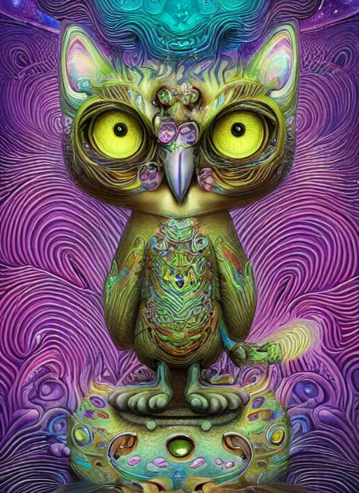 Prompt: a surreal portrait statue of a psychedelic cat owl figure by naoto hattori, android jones, and chris dyer, deep bold colors, galactic entity, depth of field, intricate beautiful painting, billions of details, octane render, portal, 8 k, detailed vector, trending on artstation, cgisociety, wow!!!!!!