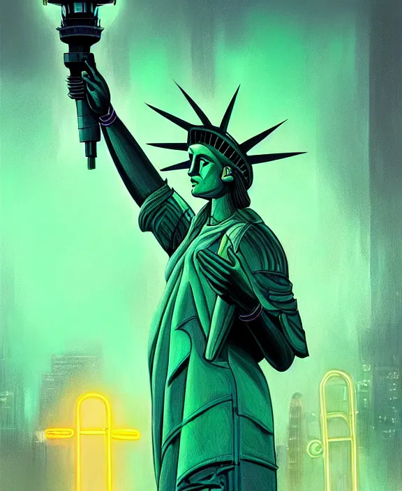 Image similar to statue of liberty robot, perfect face, symmetrical eyes, green skin, exposed wires and neon, cinematic, stunning, elegant, highly detailed, psychedelic, digital painting, artstation, smooth, hard focus, illustration, art by jessica rossier and and brian froud