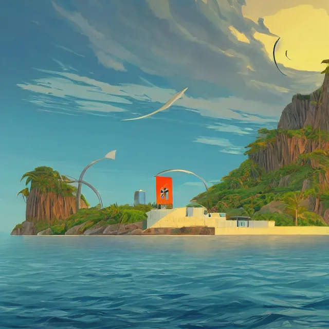 Prompt: a remote island research station in the middle of the ocean, rhads!!!, ominous, digital science fiction realism, archipelago!!, urban fantasy, saturday morning cartoon, clean linework, ( alexander archipenko ), western animation