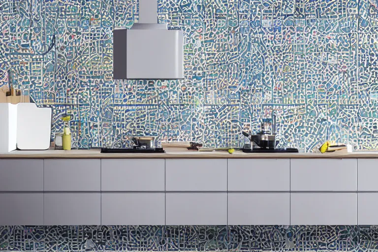 Image similar to IKEA catalogue, vaporwave kitchen with geometric tiles, gaudi