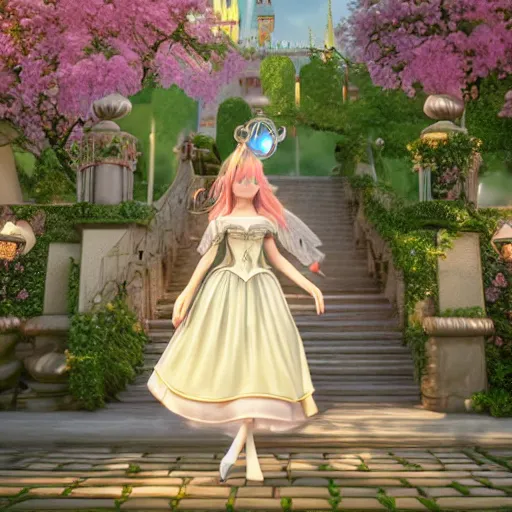 Image similar to a very detailed, ultra-realistic, pleasant, beautiful, funny, smooth 3D CG render, semirealistic anime style, close-up of a gorgeous, cute, gentle, noble priestess magician princess girl wearing dress and jewelry, in a glorious magic kingdom with castle and walls, relaxing calm vibes, fairytale, octane render