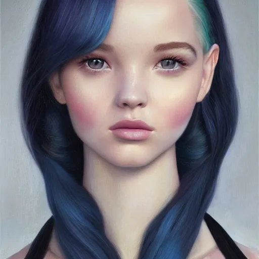 Prompt: tom bagshaw portrait, very beautiful mix of dove cameron madison beer bella poarch in a sailor suit flirting smile, randomly lustrous dyed hair, professionally retouched, focus eyes, ultra realistic soft painting, insanely detailed linework, symmetrical accurate intricate features, behance artstation, 8 k, - signature