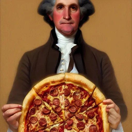 Image similar to portrait of George Washington opening his mouth to eat pizza, highly detailed, digital painting, artstation, concept art, sharp focus, illustration, art by artgerm and greg rutkowski and alphonse mucha