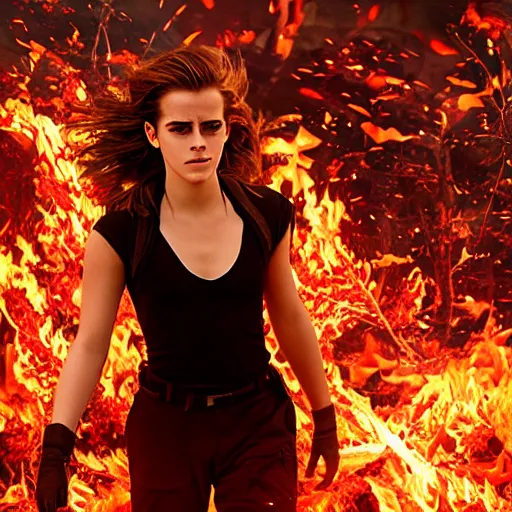 Image similar to Emma Watson on walking through fire, Action movie pyrotechnics shot, 8k UHD, studio photography, high quality, high detail, stunning lighting