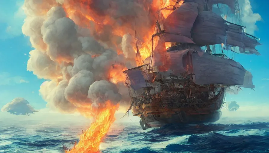 Prompt: A highly detailed matte painting of a huge pirate ship on fire, huge fires and smoke and explosions, in the ocean by Studio Ghibli, Makoto Shinkai, by Artgerm, by beeple, volumetric lighting, octane render, 4K resolution, trending on artstation