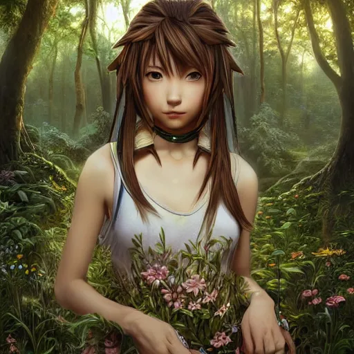 Image similar to intricate detailed portrait painting of sora from kingdom hearts a beautiful forest meadow, temple ruins surrounded by lush forest, afternoon, intricate, elegant, highly detailed, digital painting, sharp, focus, illustration art by artgerm and greg rutkowski and alphonse mucha