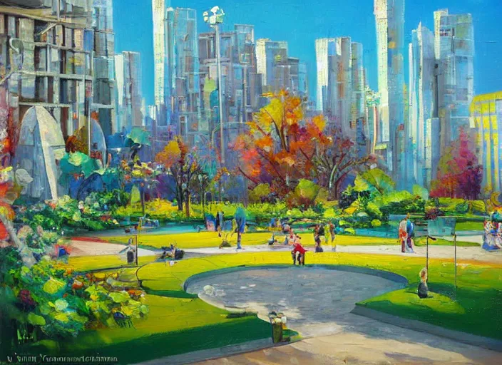 Image similar to bright beautiful oil painting of a futuristic city park by Tatyana Yablonskaya