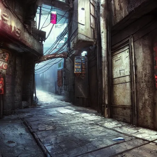 Image similar to una camiseta disuelta y rota donde salga una foto de a narrow alley with a sign in the middle of it, cyberpunk art by pan tianshou, cgsociety contest winner, shin hanga, unreal engine 5, rendered in unreal engine, world captured through photogrammetry and dissolved with real - time vfx