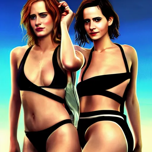 Image similar to highly detailed painting of eva green, emma watson and jennifer lawrence wearing a bikini standing close together, gta 5 cover art style, 8 k, radiant light, detailed and intricate environment, trending on artstation