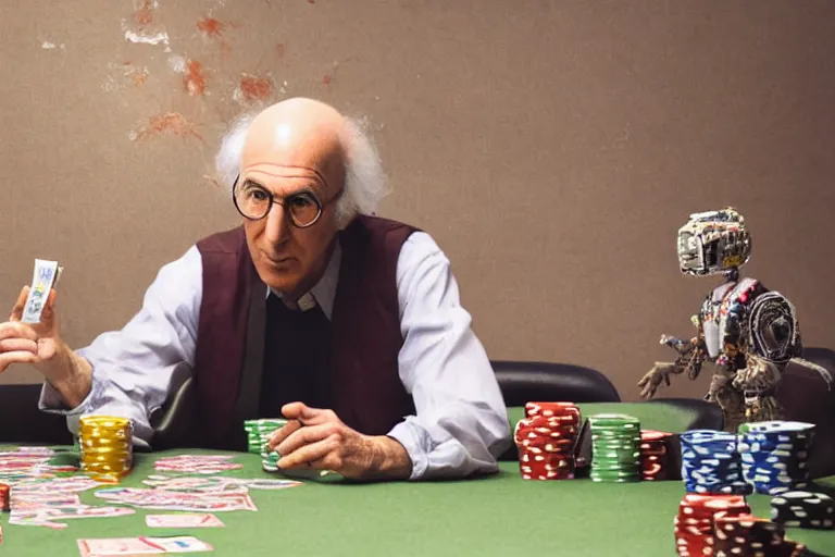 Image similar to larry david playing poker, soft bloom lighting, paper texture, bright sun bleached ground, vending machine, robot lurks in the background, koji morimoto, katsuya terada, genius party, dynamic scene