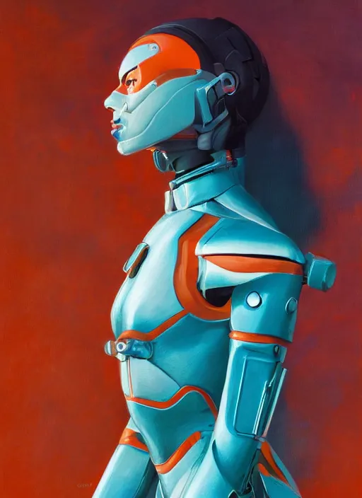 Image similar to symmetry!! dynamic pose, closeup portrait of a cyborg racer girl, high fashion cyborg jumpsuit, shoulder pads, cinematic light, backlight, teal orange, by gerald brom, by mikhail vrubel, by peter elson, muted colors, extreme detail, trending on artstation, 8 k