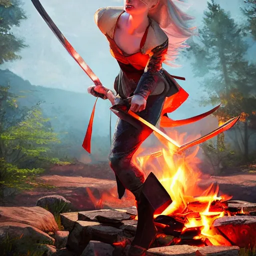 Prompt: An epic fantasy comic book style portrait painting of Elle Fanning sharpening a sword over a campfire, unreal 5, DAZ, hyperrealistic, octane render, cosplay, RPG portrait, dynamic lighting