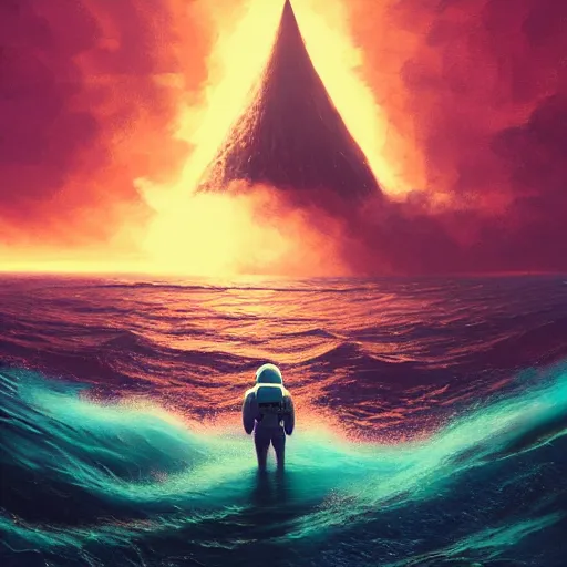 Prompt: hyperdetailed atmospheric masterpiece concept art of an astronaut standing in the middle of the ocean with a gigantic tidal wave in the background, high quality trending on ArtStation by Simon Stalenhag, golden hour, scifi mysterious black monolith