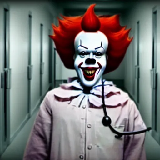 Image similar to a photograph of pennywise dressed as a doctor at a hospital, full shot