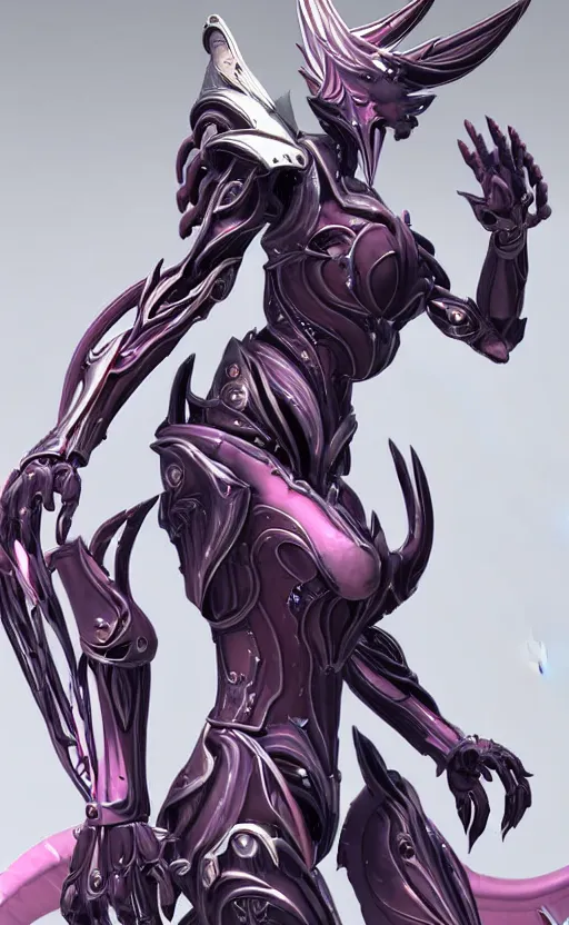 Image similar to extremely detailed goddess shot, front shot, low shot, of a beautiful saryn warframe, that's a giant beautiful stunning anthropomorphic robot female dragon with metal cat ears, standing elegantly on a mountain, detailed sharp robot dragon claws, robot dragon feet, streamlined pink armor, thick smooth warframe thighs, long elegant tail, detailed warframe fanart, destiny fanart, high quality digital art, giantess art, furry art, 3D realistic, warframe art, Destiny art, furaffinity, DeviantArt, artstation, 8k HD, octane render