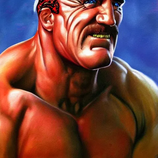 Prompt: wrestler hulk hogan, photorealistic, ring of fire, painted by frank frazetta