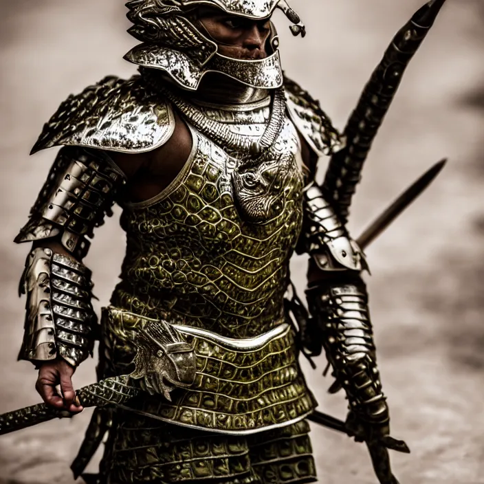 Image similar to photograph of a warrior with crocodile themed armour. extremely detailed. dslr. 8 5 mm.