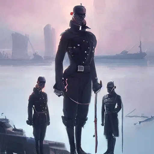 Prompt: pale, rubbery mutant with determined expression, sharp features, moist skin and wide black eyes wearing fascist Napoleonic Tang Dynasty police uniform standing on cyberpunk docks, science fiction concept art by Greg Rutkowski and Anato Finnstark