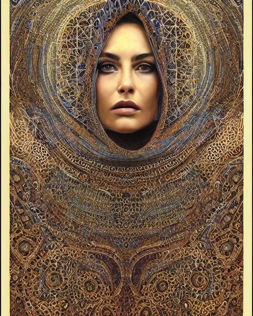 Prompt: beautiful algerian muse woman with crown, symmetrical, top circle arch, hyper complexity, intricate detailed, orientalist art, beautiful illustration, highly detailed, geometric, fluid patterns, passionate, peter gric style by etienne dinet