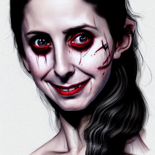 Image similar to gorgeous female Alison Brie, horror movie slasher, slasher movie, realistic character concept, violent pose, creepy smile, shorter neck, illustration, symmetrical face and body, realistic eyes, cinematic lighting, hyperdetailed, detailed realistic symmetrical eyes, face by artgerm, symmetrical nose, Tom Bagshaw, single face, insanely detailed and intricate, beautiful, elegant, dark living room background