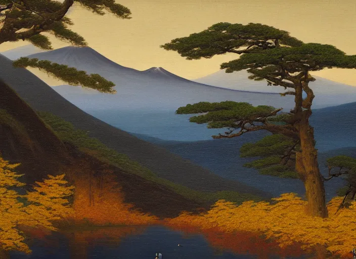 Image similar to fuji - hakone - izu national parks, japan in the style of hudson river school of art, oil on canvas