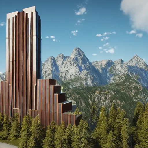 Prompt: An imposingly tall, forty-story swiss chalet that defies belief, exterior photo, unreal engine