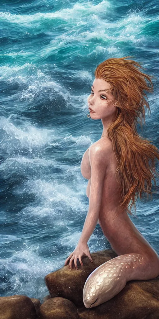 Prompt: portrait of a beautiful mermaid on a craggy rock in the sea, waves crashing, realistic, ultra-detailed, sharp focus, fantasy digital painting