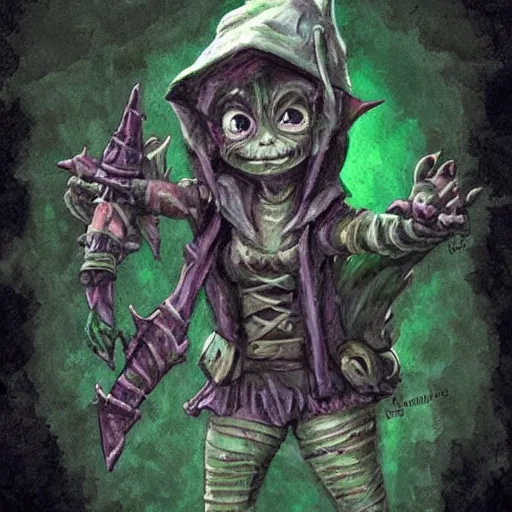 Prompt: cute tiny goblin girl with green skin wearing hunter armor from Bloodborne and a wizard hat, d&d, art by Zone