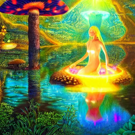 Image similar to goddess of mushrooms bathing in the glowing lake, fantasy painting, extremely psychedelic