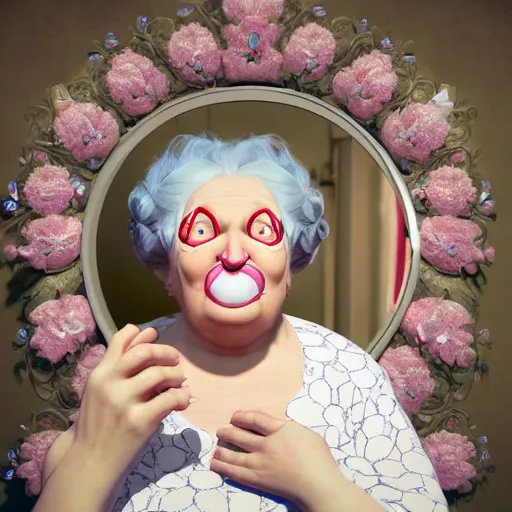 Prompt: of a very funny scene. ambient occlusion render. a sweet fat old woman is in kissing her reflection. flowery dress. mirror. symmetrical face, red mouth, blue eyes. deep focus, lovely scene. ambient occlusion render. concept art. unreal engine.