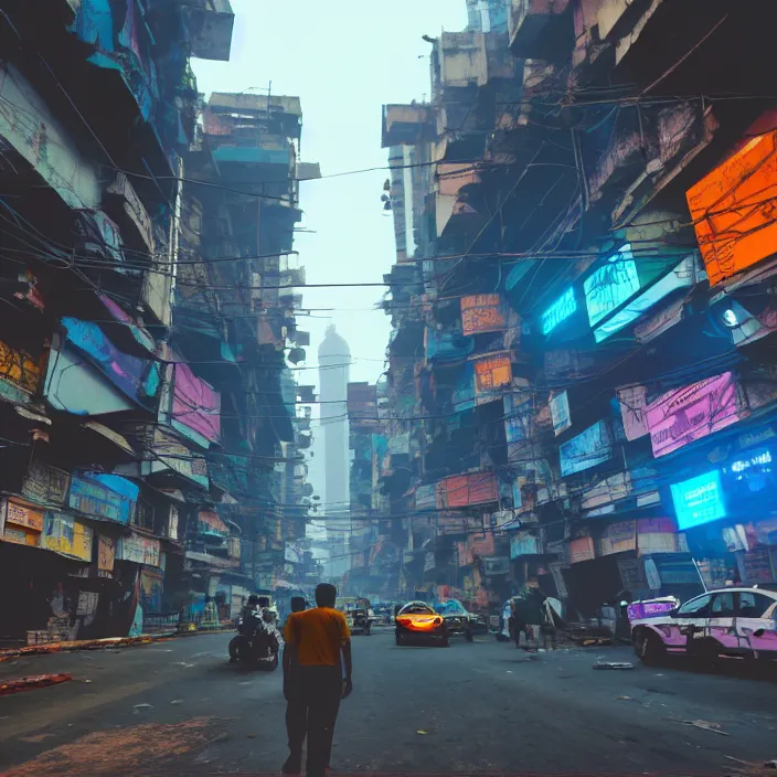 Image similar to streets of mumbai in 2 0 7 0, cyberpunk, futuristic, high fidelity, uncompressed png