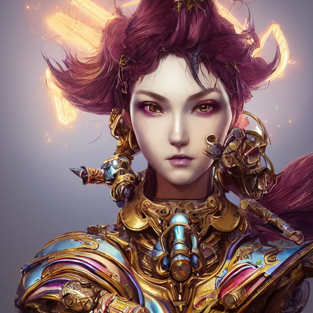 Image similar to studio portrait of lawful good colorful female holy mech paladin as absurdly beautiful, elegant, young woman, eye gear, ultrafine hyperrealistic detailed face illustration by kim jung gi, irakli nadar, intricate linework, sharp focus, bright colors, matte, octopath traveler, final fantasy, unreal engine highly rendered, global illumination, radiant light, intricate environment