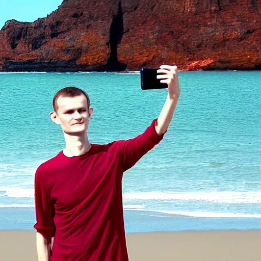 Image similar to vitalik buterin on a red beach taking a selfie