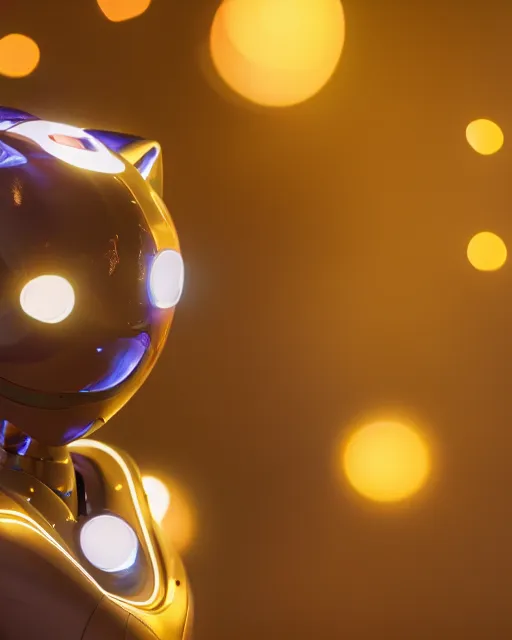 Image similar to high quality presentation noght photo of an illuminated cat-like female robot on mars, photography 4k, full body, f1.8 anamorphic, bokeh, 4k, Canon, Nikon