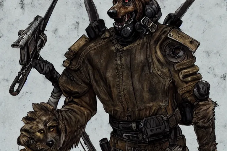 Image similar to a good ol'hound dog fursona ( from the furry fandom ), heavily armed and armored facing down armageddon in a dark and gritty version from the makers of mad max : fury road. witness me.